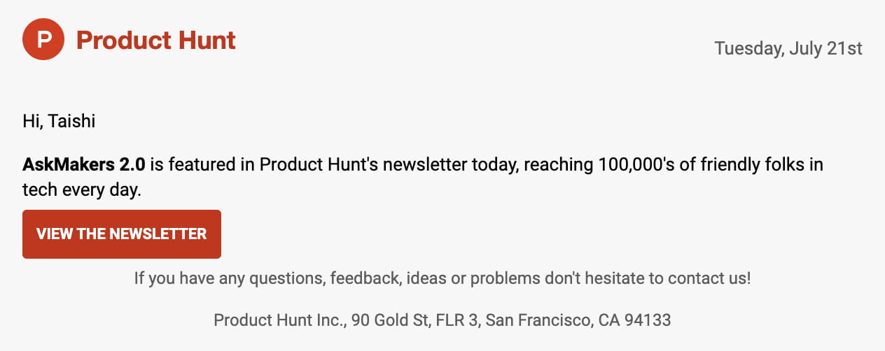 Product Huntニュースレター